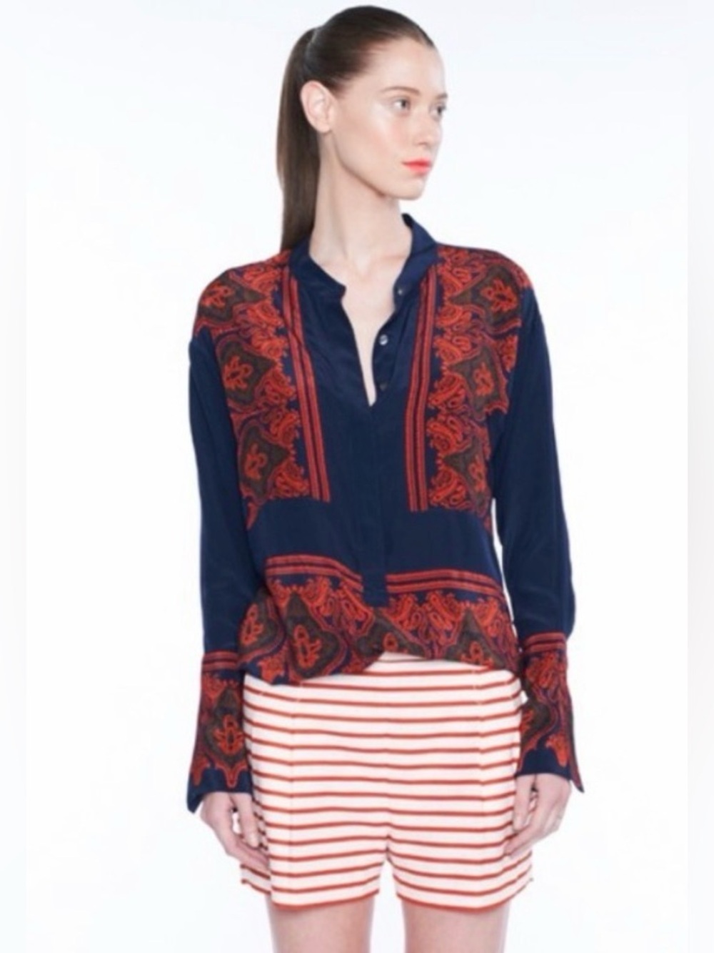 J.Crew Silk Navy Tunic with Red Paisley Accents M